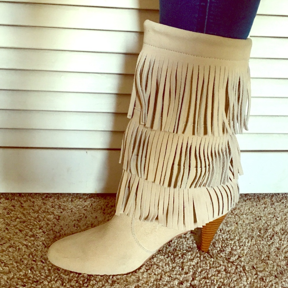 Chinese Laundry cream calf height fringe boot